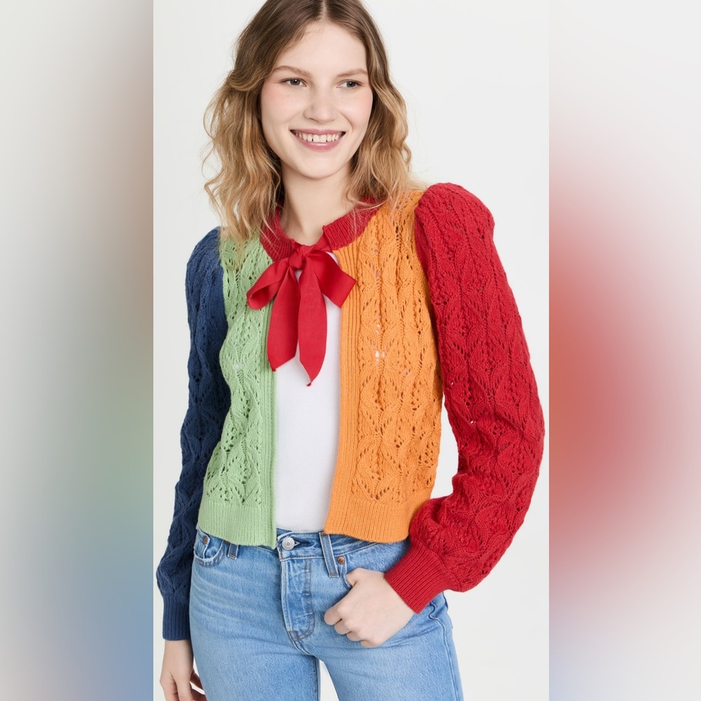 NWT $495 Alice + Olivia Kitty Puff-Sleeve Eyelet Cardigan